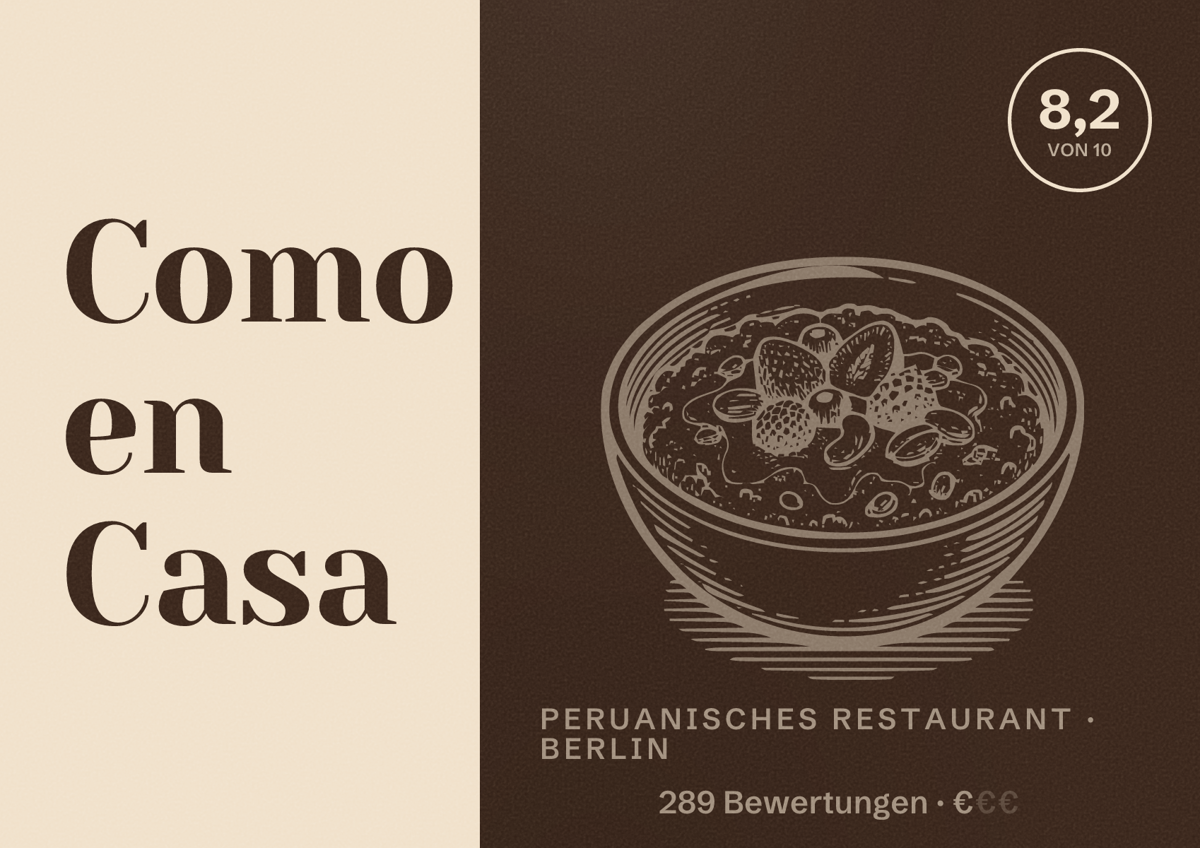 Illustriertes Poster von Como en Casa, Peruanisches Restaurant in Berlin: Bewertung 8,2 von 10 aus 289 Bewertungen, Preisniveau €