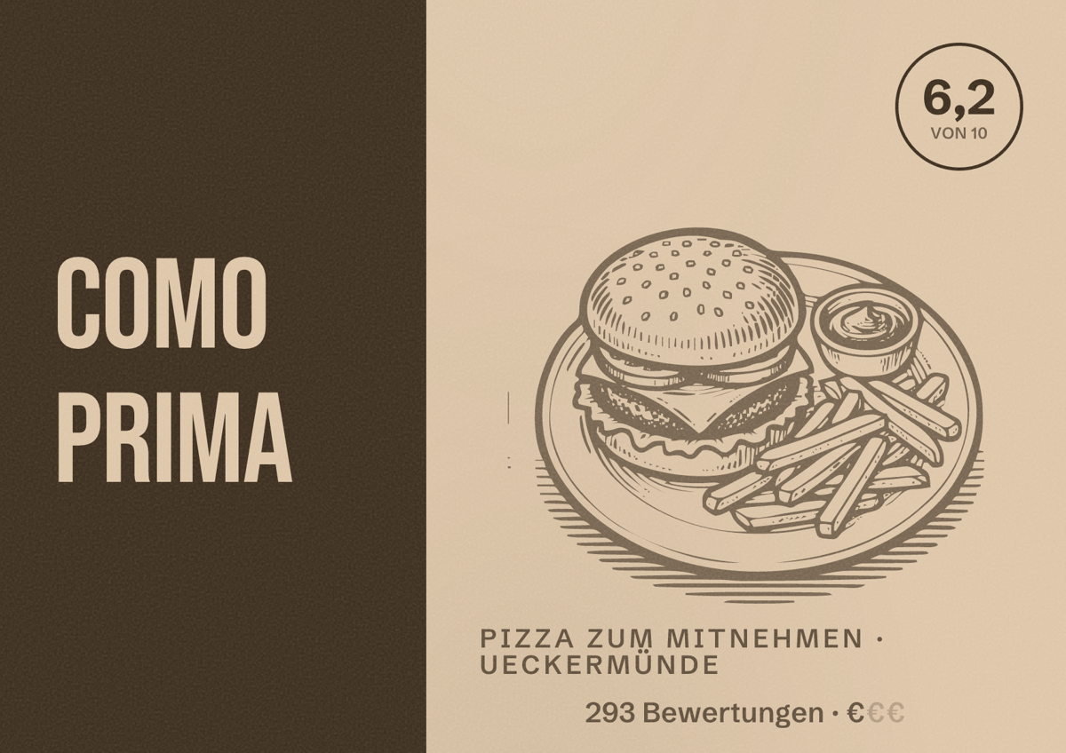 Illustriertes Poster von Como Prima, Pizza zum Mitnehmen in Ueckermünde: Bewertung 6,2 von 10 aus 293 Bewertungen, Preisniveau €