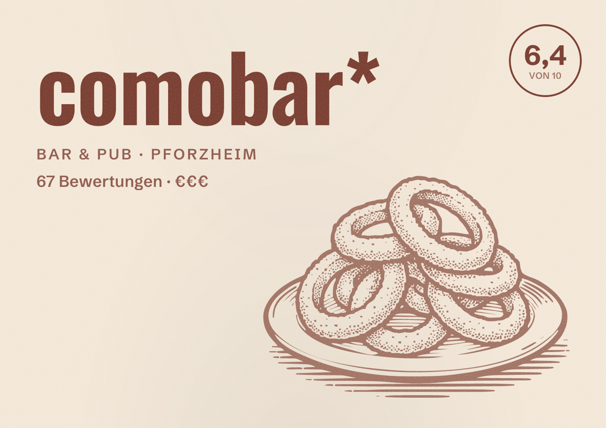Illustriertes Poster von comobar*, Bar & Pub in Pforzheim: Bewertung 6,4 von 10 aus 67 Bewertungen, Preisniveau €€€