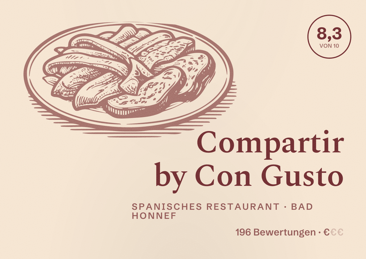 Illustriertes Poster von Compartir by Con Gusto, Spanisches Restaurant in Bad Honnef: Bewertung 8,3 von 10 aus 196 Bewertungen, Preisniveau €