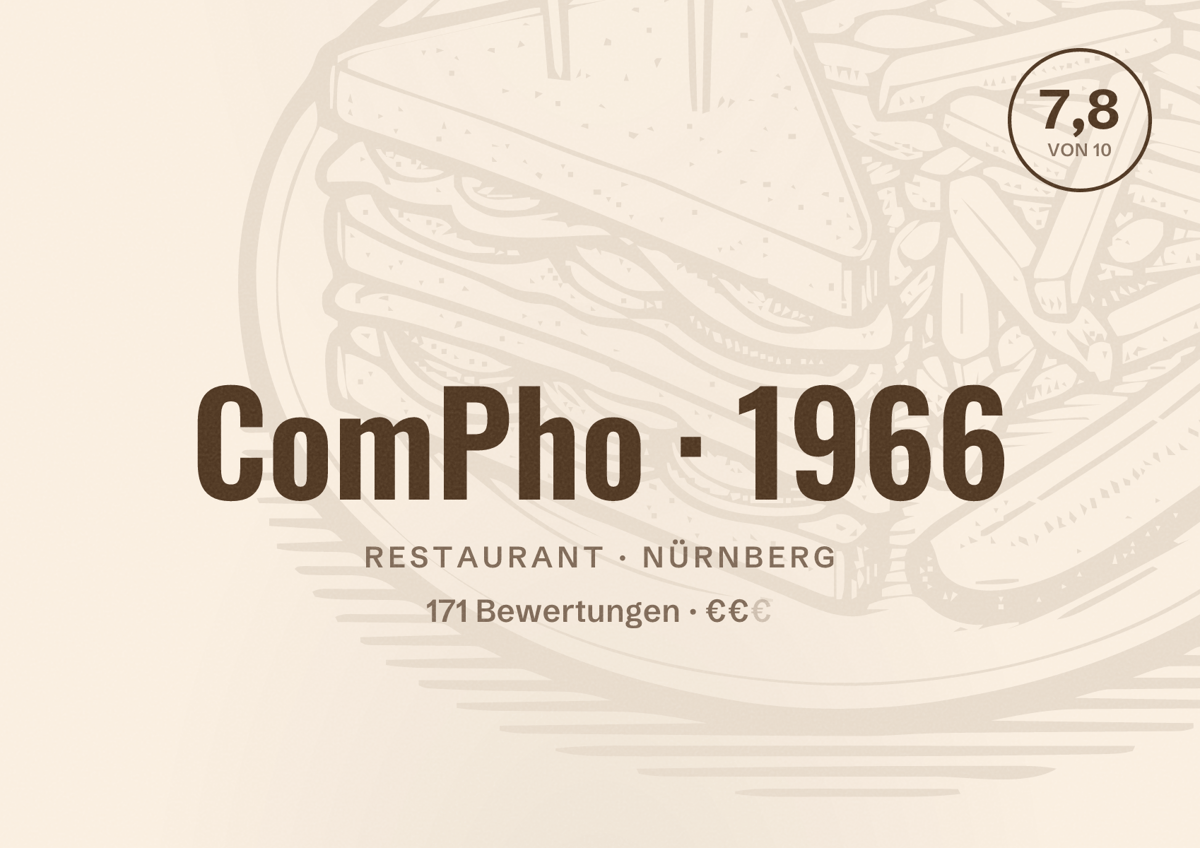 Illustriertes Poster von ComPho 1966, Restaurant in Nürnberg: Bewertung 7,8 von 10 aus 171 Bewertungen, Preisniveau €€