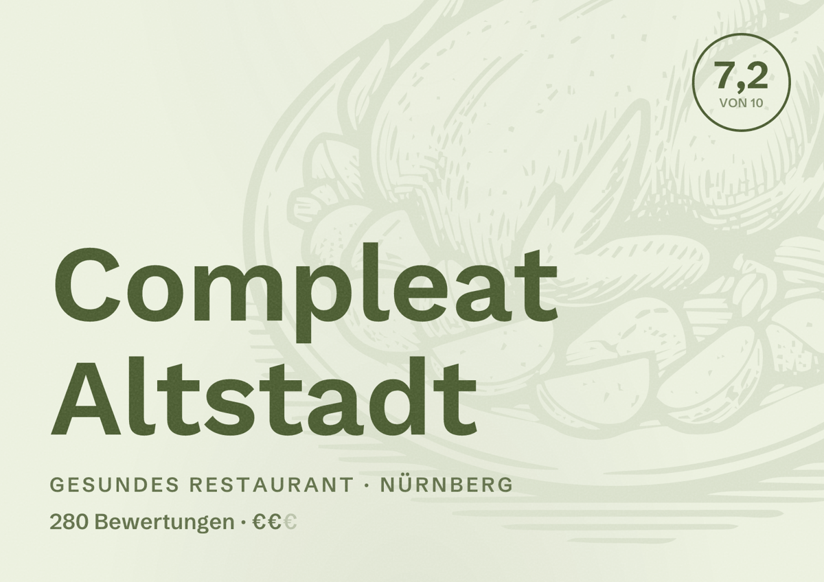 Illustriertes Poster von Compleat Altstadt, Gesundes Restaurant in Nürnberg: Bewertung 7,2 von 10 aus 280 Bewertungen, Preisniveau €€