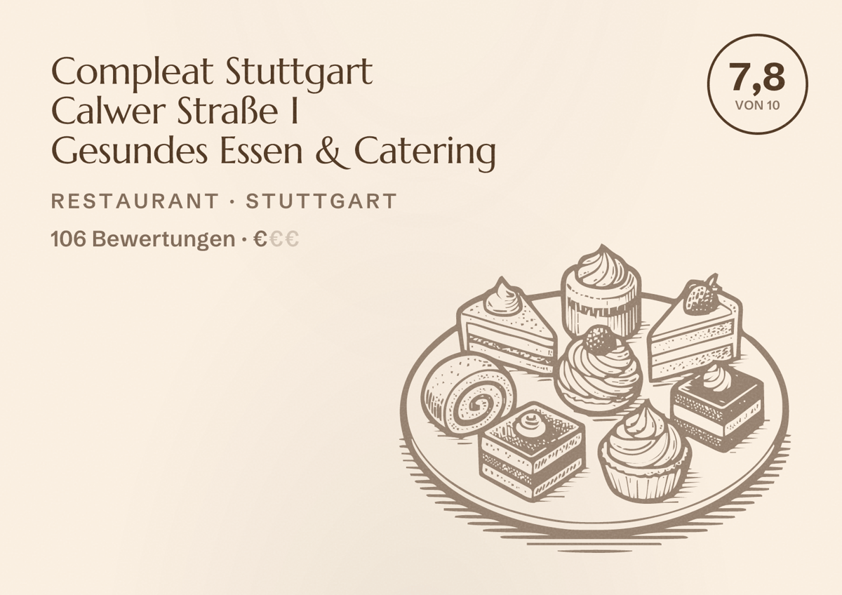 Illustriertes Poster von Compleat Stuttgart Calwer Straße I Gesundes Essen & Catering, Restaurant in Stuttgart: Bewertung 7,8 von 10 aus 106 Bewertungen, Preisniveau €