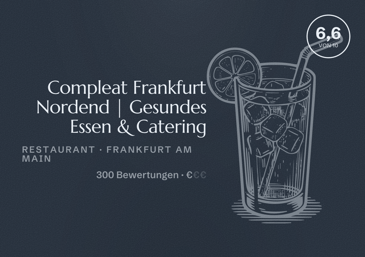 Illustriertes Poster von Compleat Frankfurt Nordend | Gesundes Essen & Catering, Restaurant in Frankfurt am Main: Bewertung 6,6 von 10 aus 300 Bewertungen, Preisniveau €