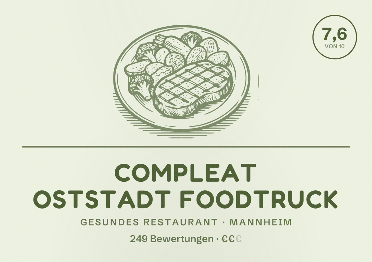 Illustriertes Poster von Compleat Oststadt Foodtruck, Gesundes Restaurant in Mannheim: Bewertung 7,6 von 10 aus 249 Bewertungen, Preisniveau €€