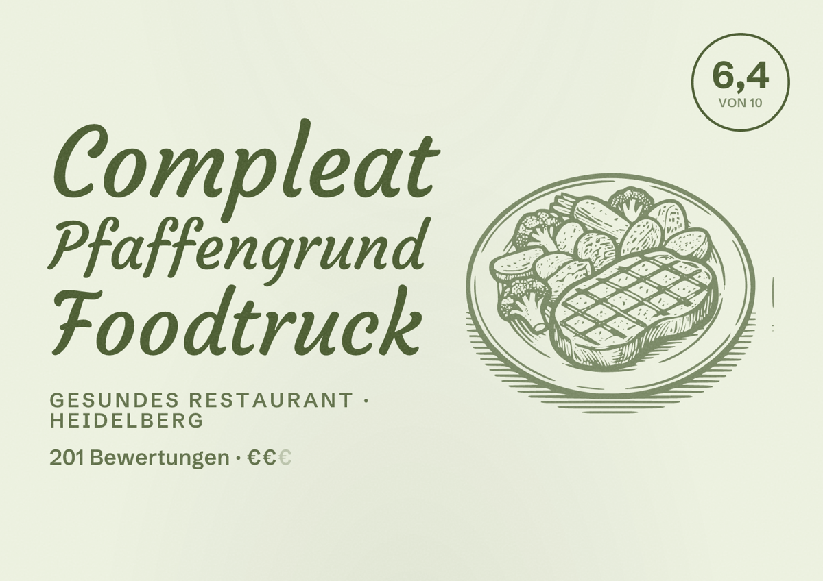 Illustriertes Poster von Compleat Pfaffengrund Foodtruck, Gesundes Restaurant in Heidelberg: Bewertung 6,4 von 10 aus 201 Bewertungen, Preisniveau €€