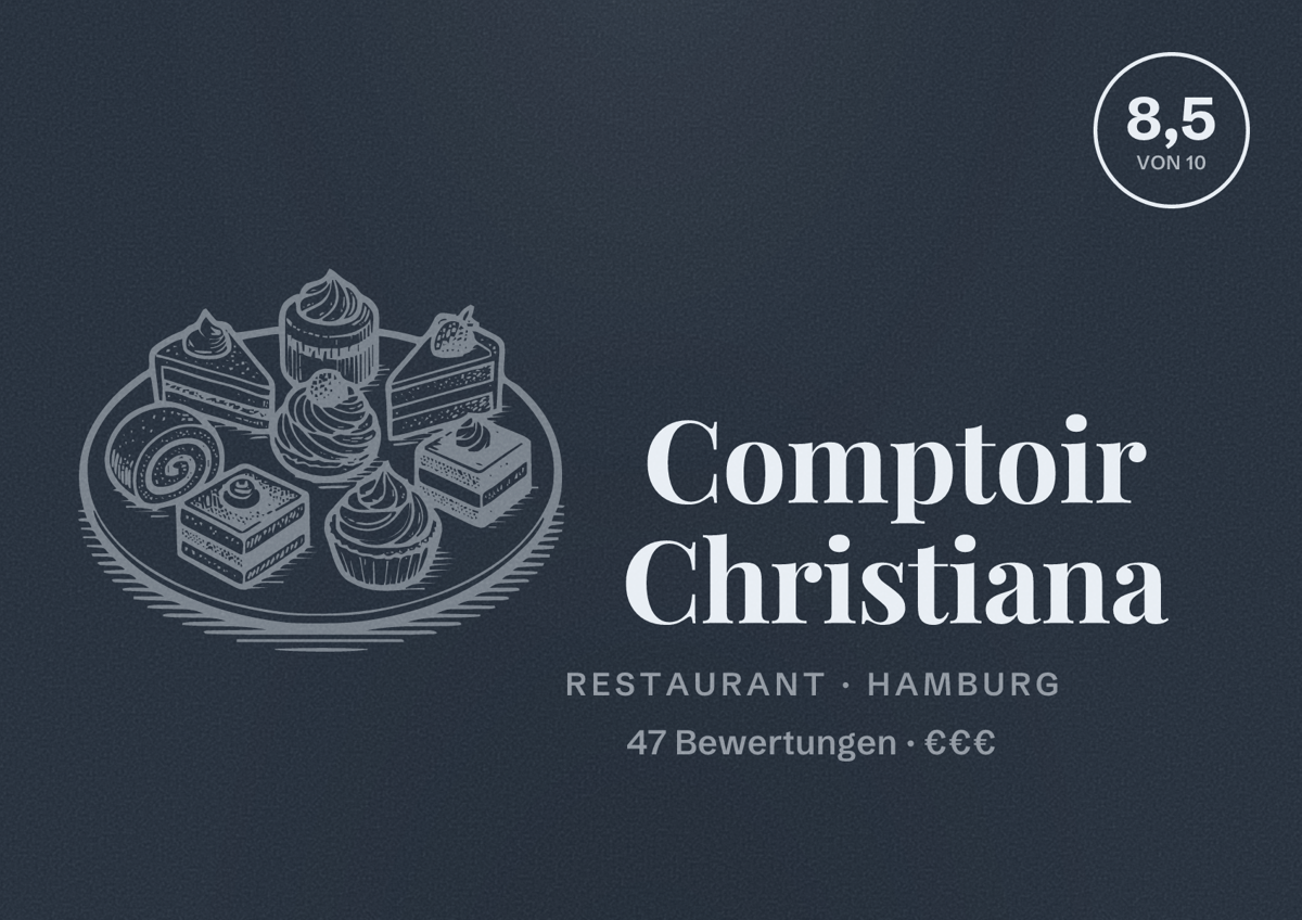 Illustriertes Poster von Comptoir Christiana, Restaurant in Hamburg: Bewertung 8,5 von 10 aus 47 Bewertungen, Preisniveau €€€