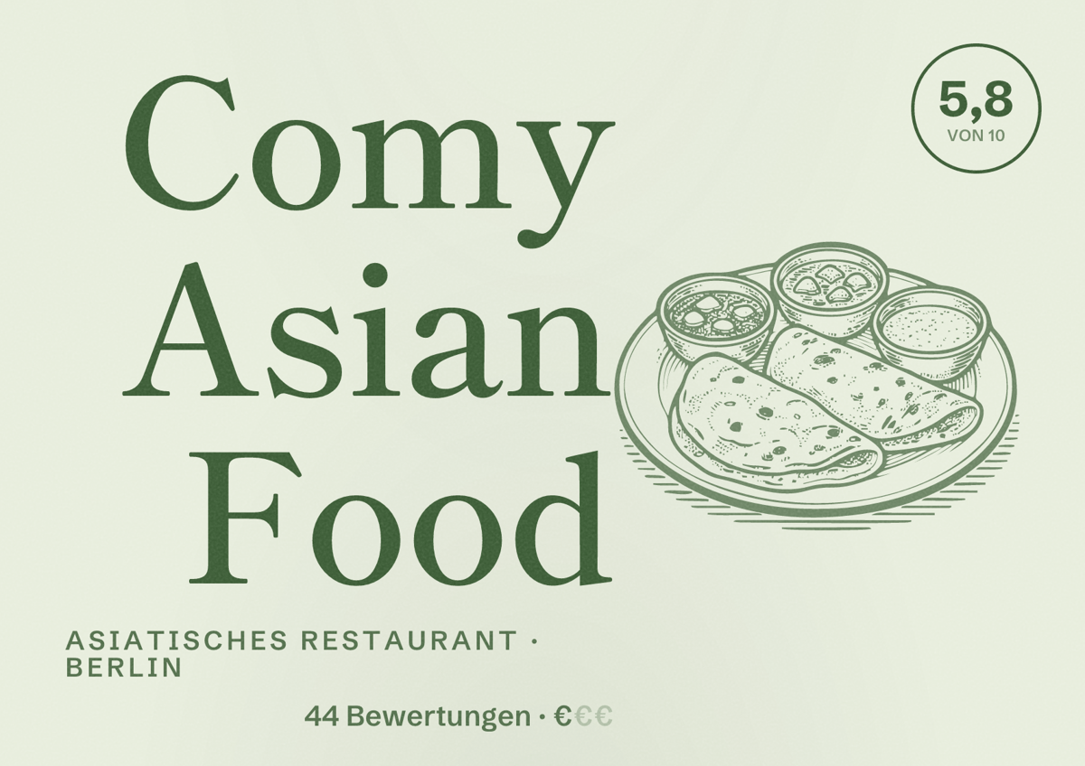 Illustriertes Poster von Comy Asian Food, Asiatisches Restaurant in Berlin: Bewertung 5,8 von 10 aus 44 Bewertungen, Preisniveau €