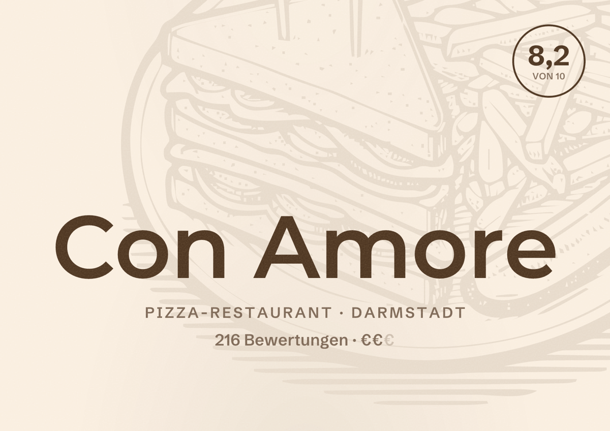 Illustriertes Poster von Con Amore, Pizza-Restaurant in Darmstadt: Bewertung 8,2 von 10 aus 216 Bewertungen, Preisniveau €€