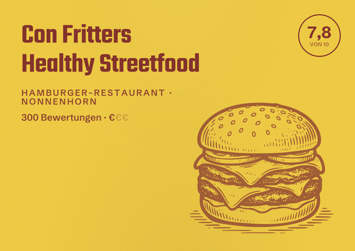 Illustriertes Poster von Con Fritters Healthy Streetfood, Hamburger-Restaurant in Nonnenhorn: Bewertung 7,8 von 10 aus 300 Bewertungen, Preisniveau €
