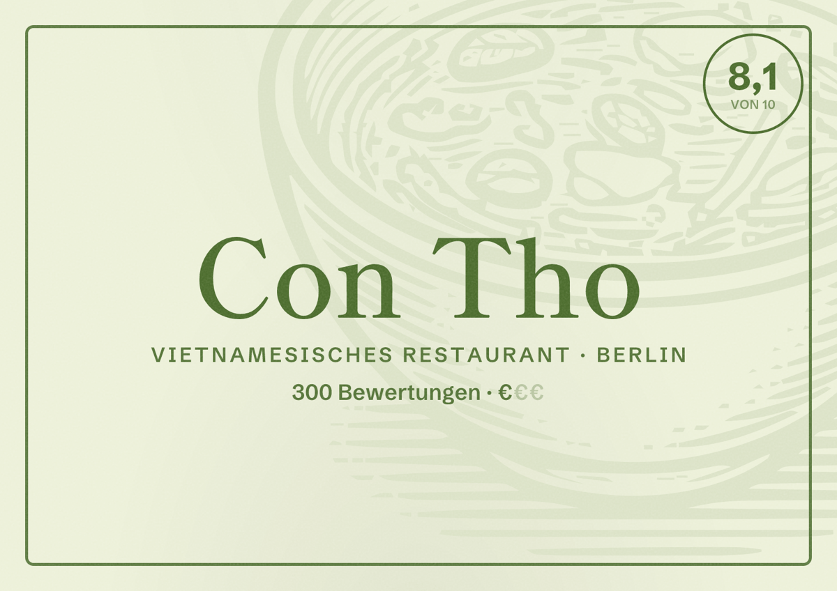 Illustriertes Poster von Con Tho, Vietnamesisches Restaurant in Berlin: Bewertung 8,1 von 10 aus 300 Bewertungen, Preisniveau €