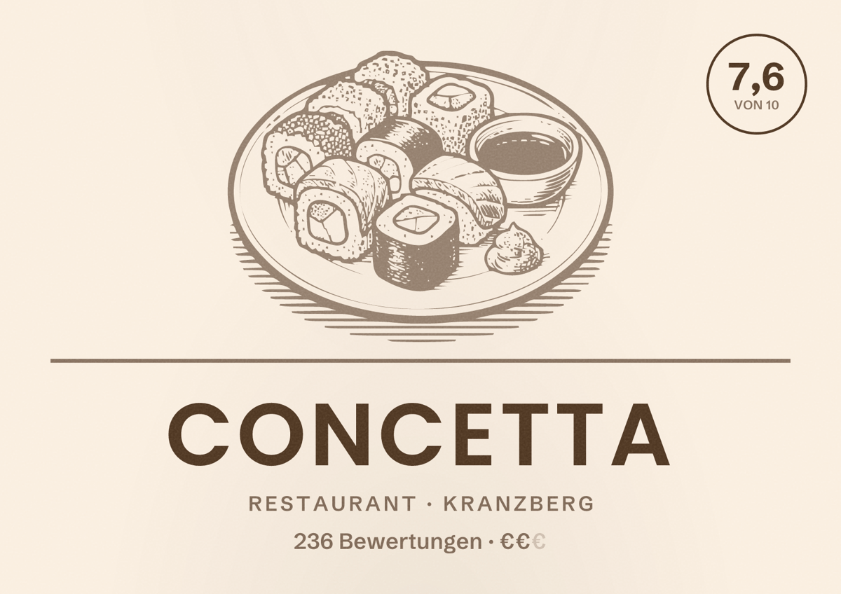 Illustriertes Poster von Concetta, Restaurant in Kranzberg: Bewertung 7,6 von 10 aus 236 Bewertungen, Preisniveau €€