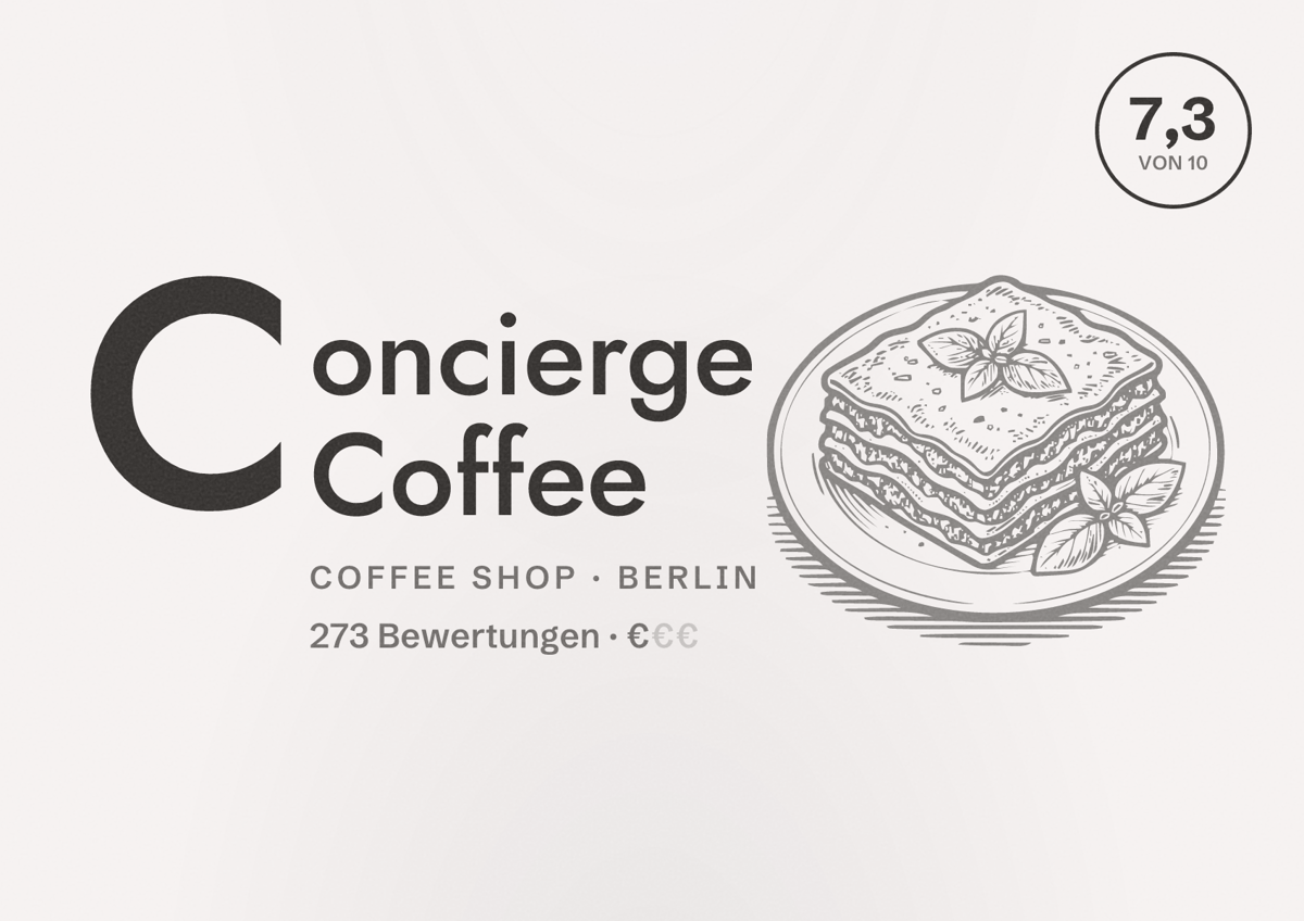 Illustriertes Poster von Concierge Coffee, Coffee Shop in Berlin: Bewertung 7,3 von 10 aus 273 Bewertungen, Preisniveau €