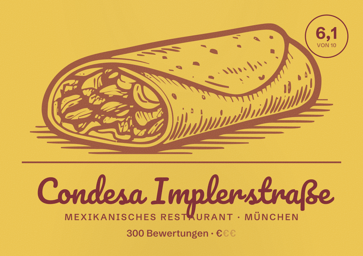 Illustriertes Poster von Condesa Implerstraße, Mexikanisches Restaurant in München: Bewertung 6,1 von 10 aus 300 Bewertungen, Preisniveau €