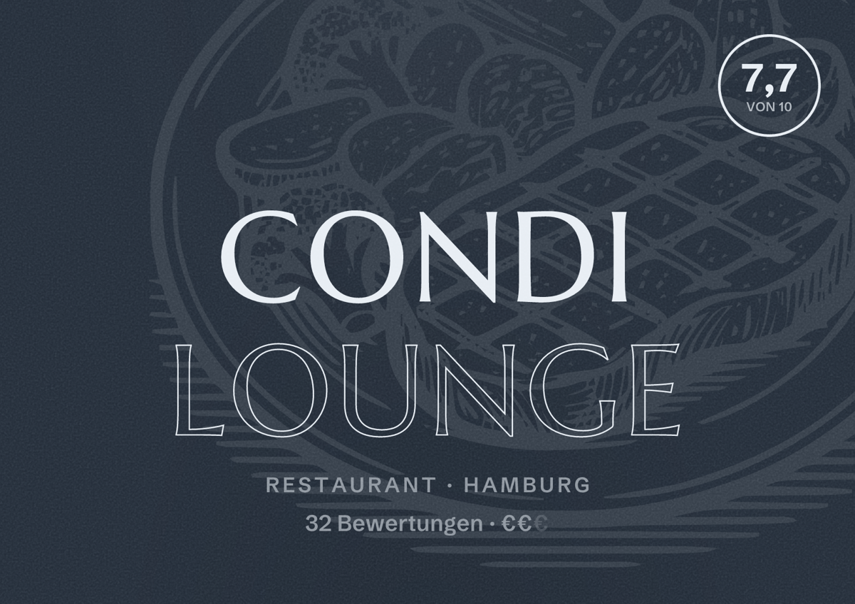 Illustriertes Poster von Condi Lounge, Restaurant in Hamburg: Bewertung 7,7 von 10 aus 32 Bewertungen, Preisniveau €€