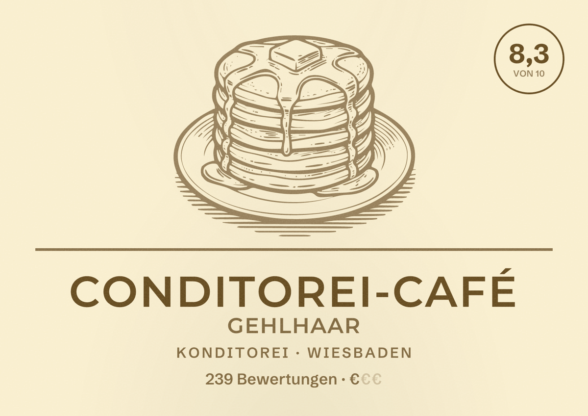 Illustriertes Poster von Conditorei-Café Gehlhaar, Konditorei in Wiesbaden: Bewertung 8,3 von 10 aus 239 Bewertungen, Preisniveau €