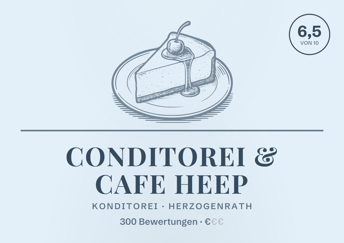 Illustriertes Poster von Conditorei & Cafe Heep, Konditorei in Herzogenrath: Bewertung 6,5 von 10 aus 300 Bewertungen, Preisniveau €