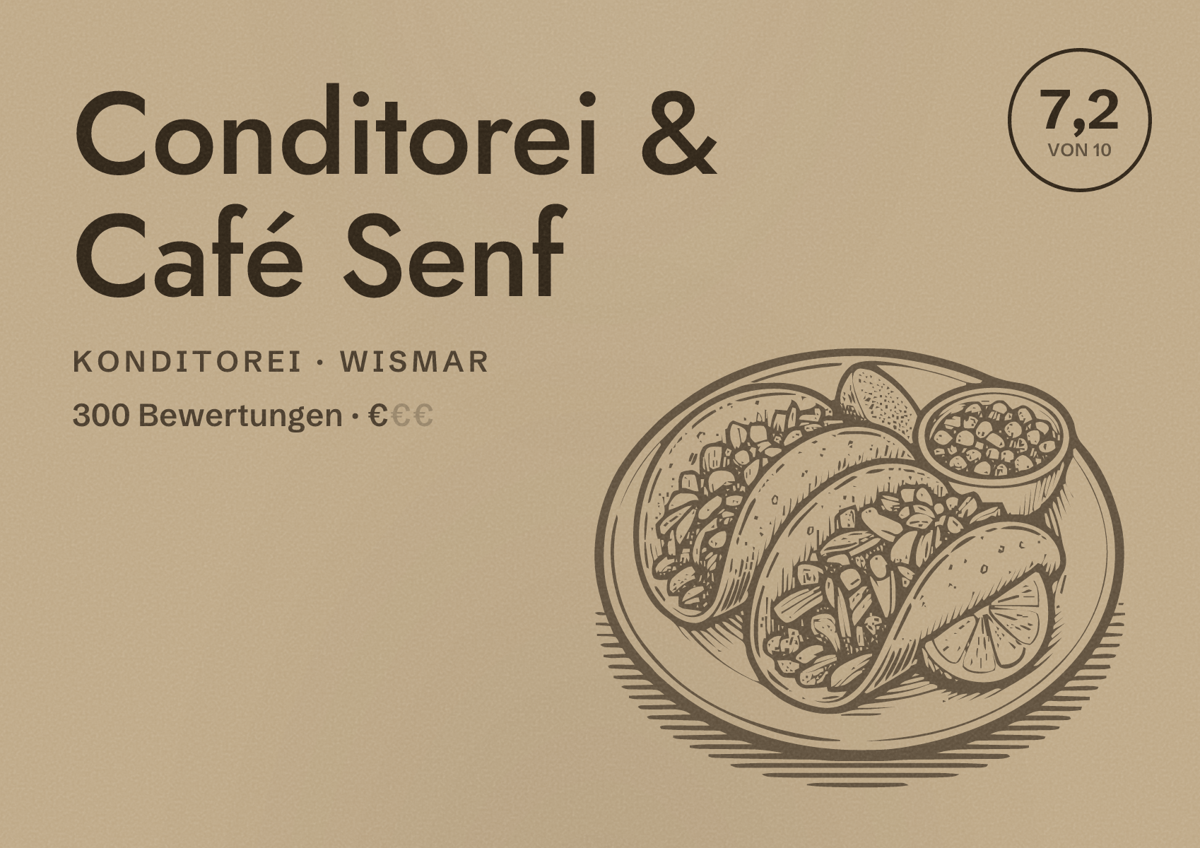 Illustriertes Poster von Conditorei & Café Senf, Konditorei in Wismar: Bewertung 7,2 von 10 aus 300 Bewertungen, Preisniveau €