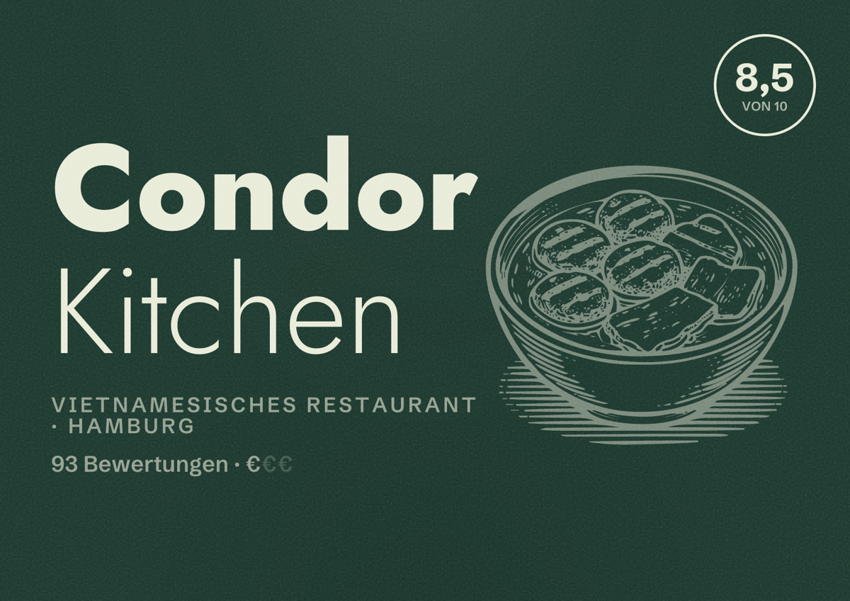 Illustriertes Poster von Condor Kitchen, Vietnamesisches Restaurant in Hamburg: Bewertung 8,5 von 10 aus 93 Bewertungen, Preisniveau €