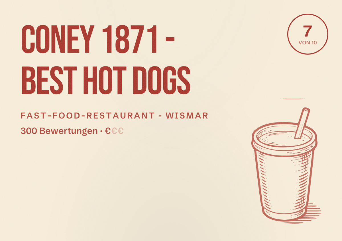 Illustriertes Poster von Coney 1871 - Best Hot Dogs, Fast-Food-Restaurant in Wismar: Bewertung 7 von 10 aus 300 Bewertungen, Preisniveau €