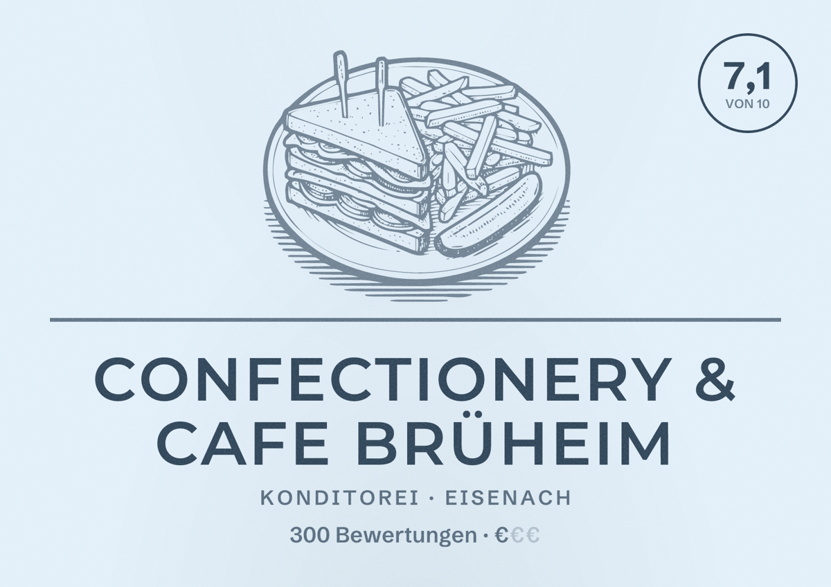 Illustriertes Poster von Confectionery & Cafe Brüheim, Konditorei in Eisenach: Bewertung 7,1 von 10 aus 300 Bewertungen, Preisniveau €