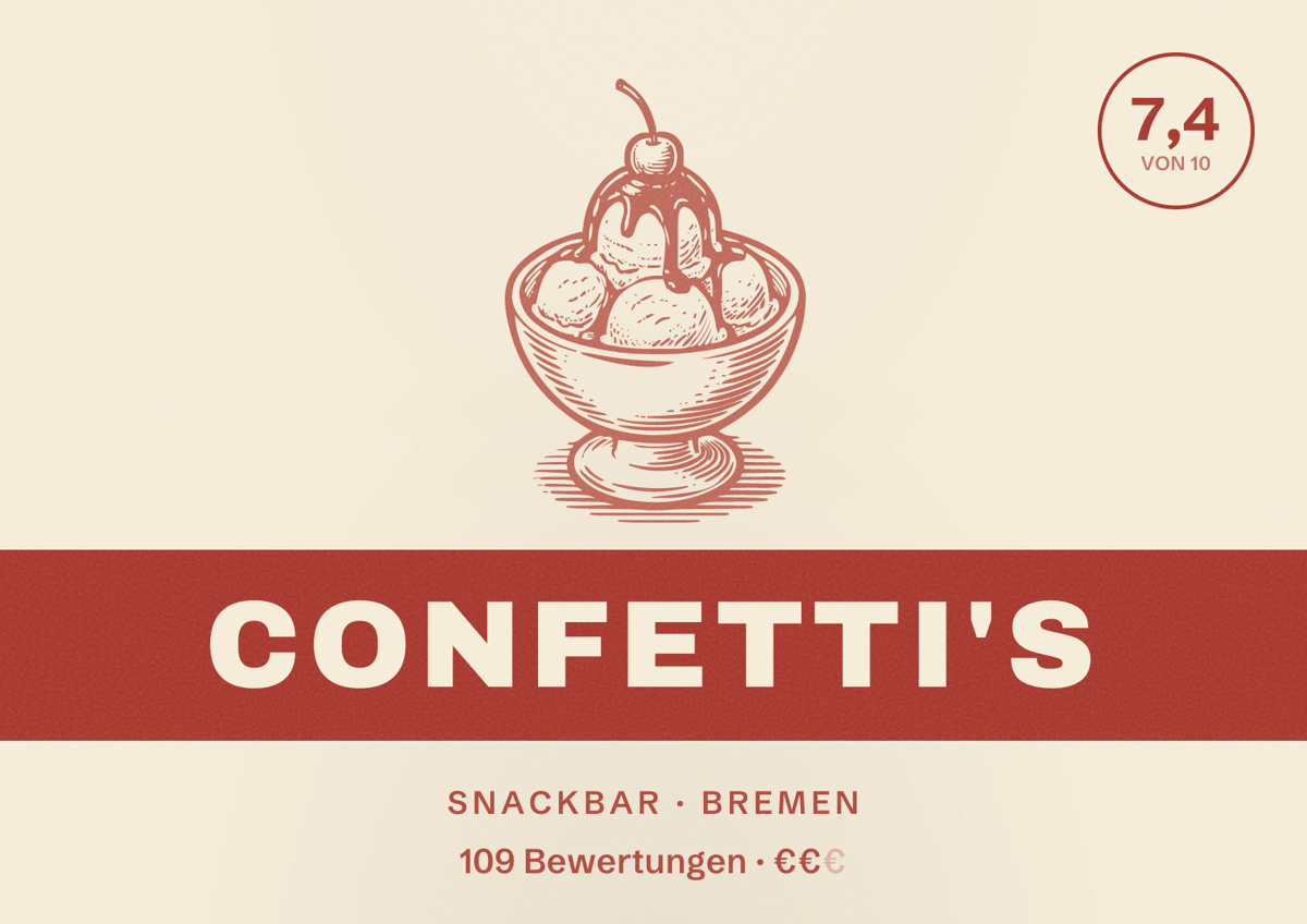 Illustriertes Poster von Confetti's, Snackbar in Bremen: Bewertung 7,4 von 10 aus 109 Bewertungen, Preisniveau €€