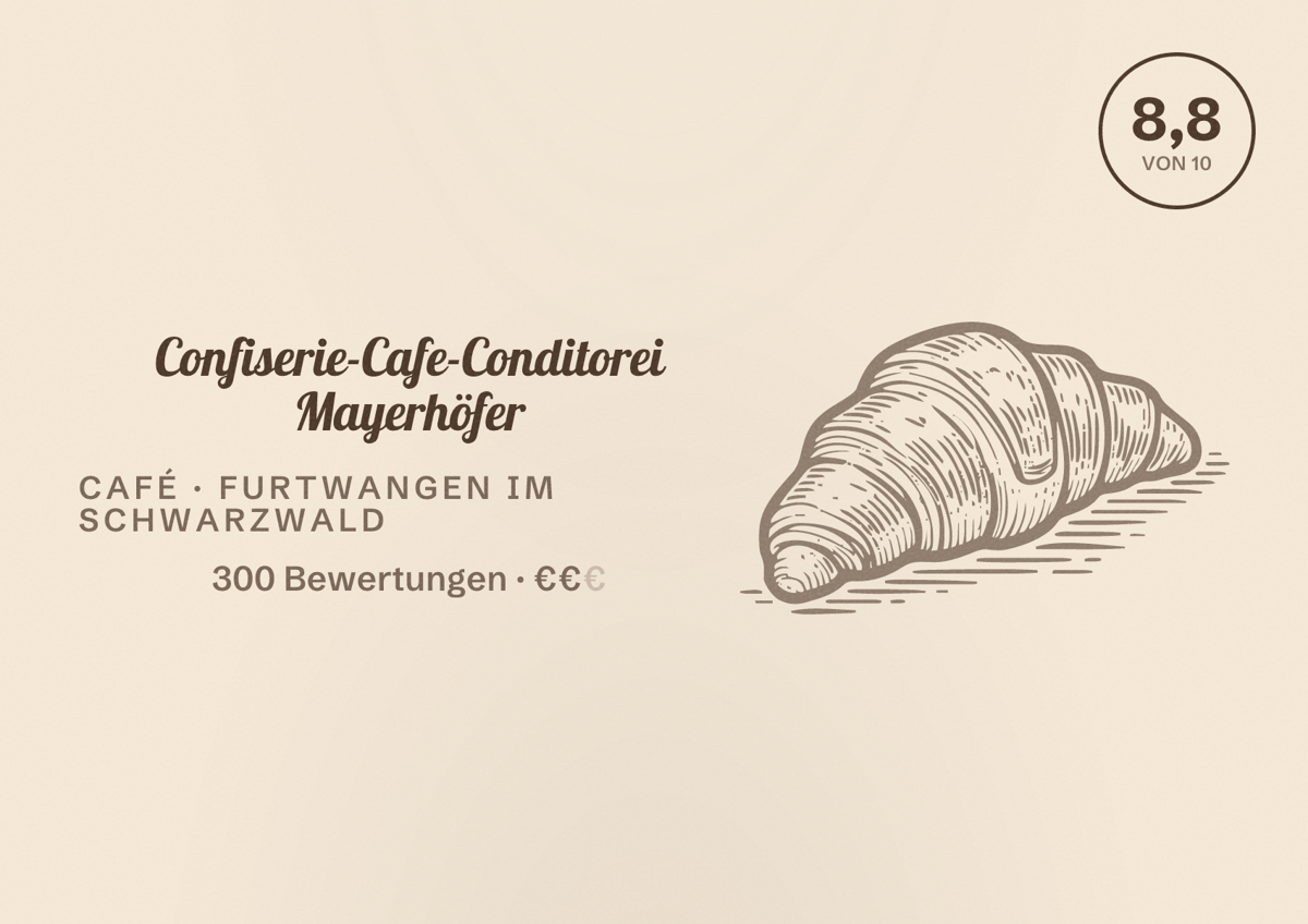 Illustriertes Poster von Confiserie-Cafe-Conditorei Mayerhöfer, Café in Furtwangen im Schwarzwald: Bewertung 8,8 von 10 aus 300 Bewertungen, Preisniveau €€