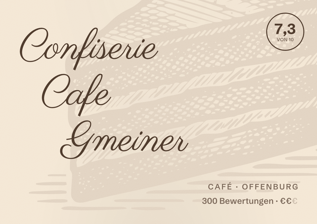 Illustriertes Poster von Confiserie Cafe Gmeiner, Café in Offenburg: Bewertung 7,3 von 10 aus 300 Bewertungen, Preisniveau €€
