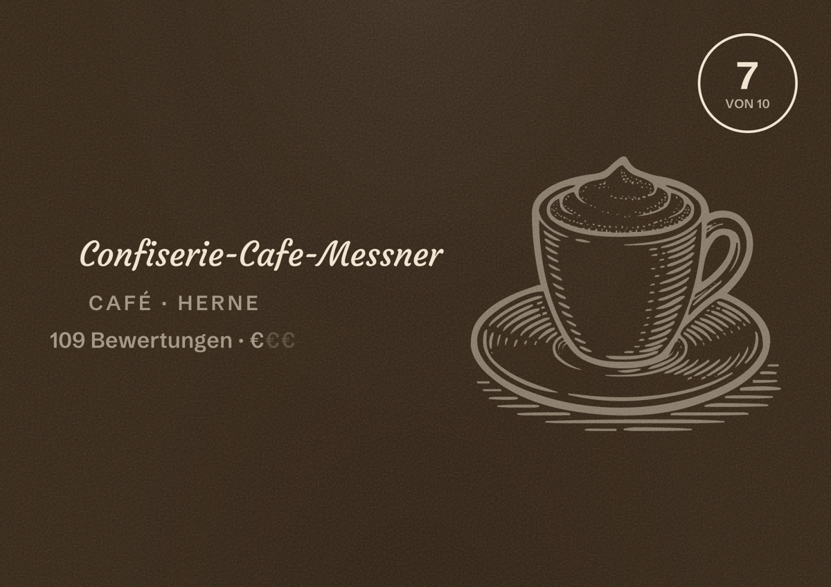 Illustriertes Poster von Confiserie-Cafe-Messner, Café in Herne: Bewertung 7 von 10 aus 109 Bewertungen, Preisniveau €