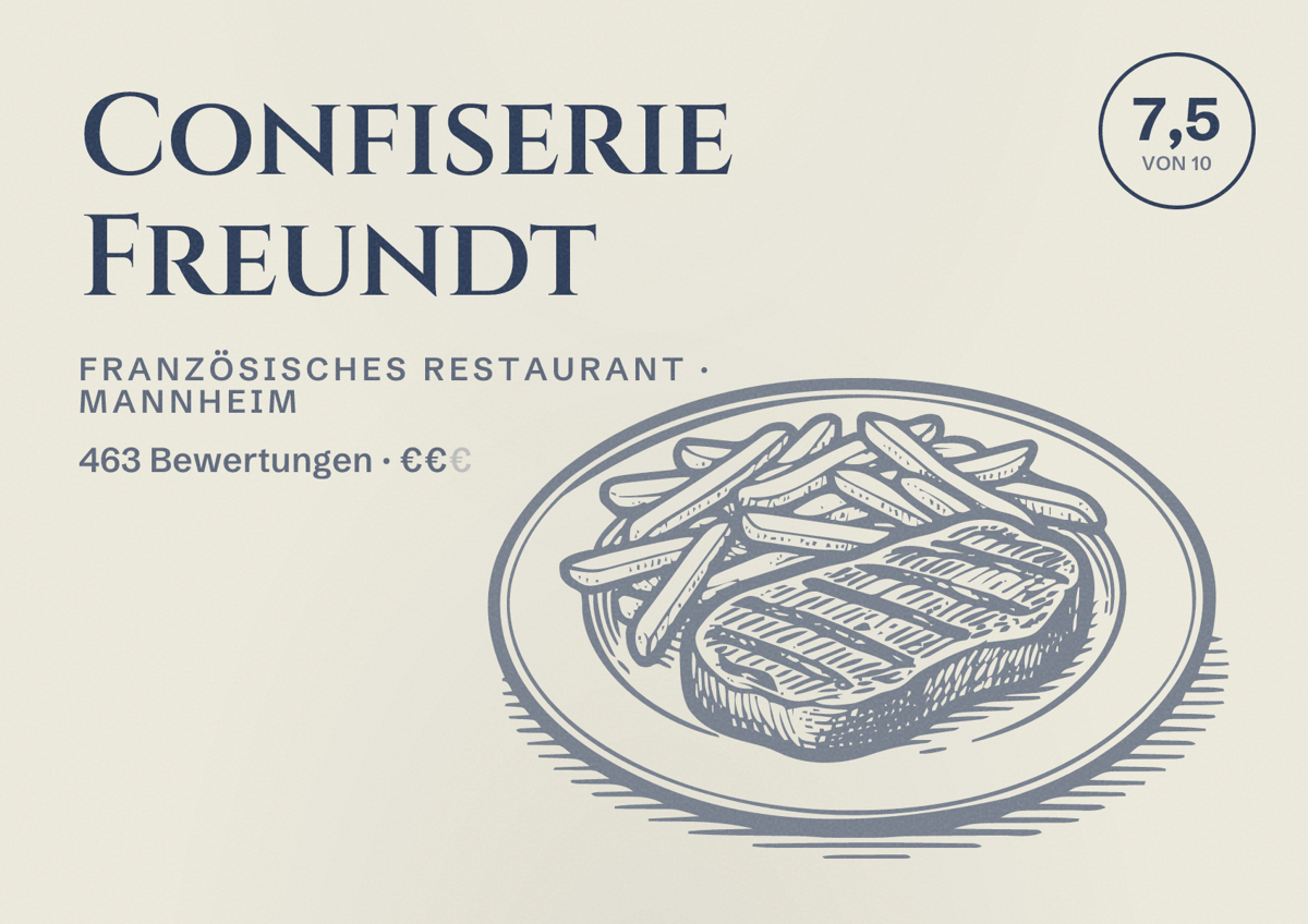 Illustriertes Poster von Confiserie Freundt, Französisches Restaurant in Mannheim: Bewertung 7,5 von 10 aus 463 Bewertungen, Preisniveau €€