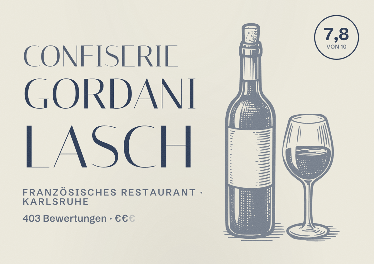 Illustriertes Poster von Confiserie Gordani Lasch, Französisches Restaurant in Karlsruhe: Bewertung 7,8 von 10 aus 403 Bewertungen, Preisniveau €€