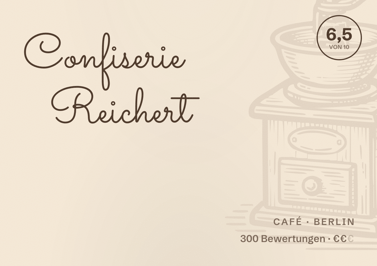 Illustriertes Poster von Confiserie Reichert, Café in Berlin: Bewertung 6,5 von 10 aus 300 Bewertungen, Preisniveau €€