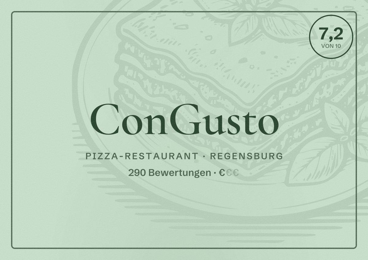 Illustriertes Poster von ConGusto, Pizza-Restaurant in Regensburg: Bewertung 7,2 von 10 aus 290 Bewertungen, Preisniveau €