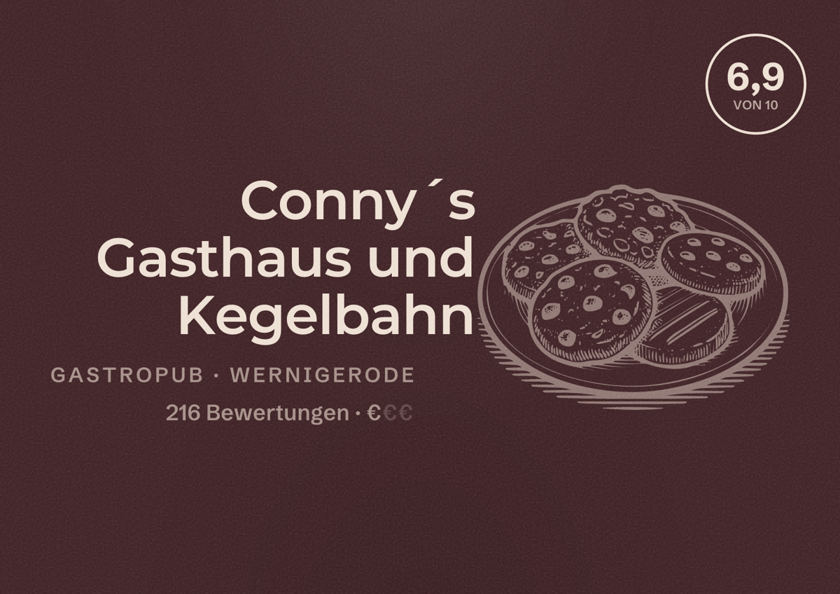 Illustriertes Poster von Conny´s Gasthaus und Kegelbahn, Gastropub in Wernigerode: Bewertung 6,9 von 10 aus 216 Bewertungen, Preisniveau €
