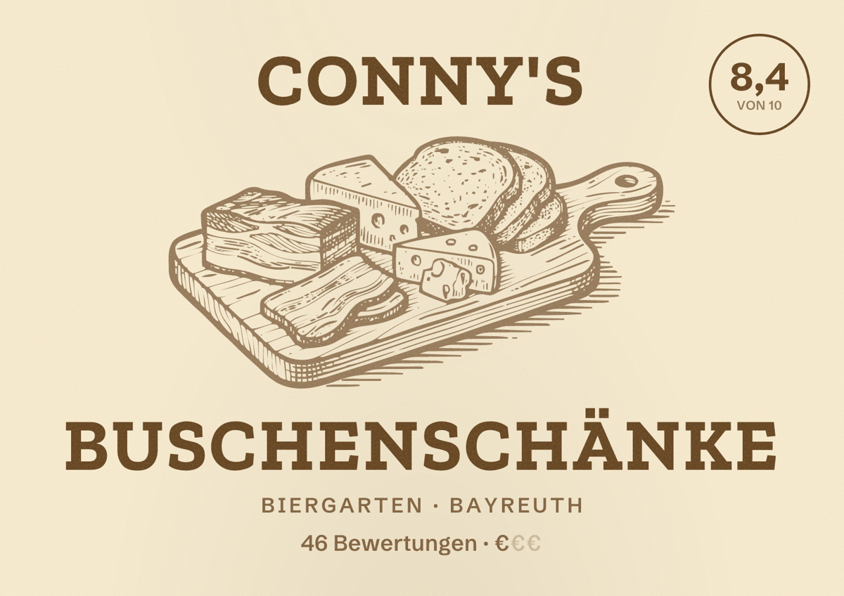 Illustriertes Poster von Conny's Buschenschänke, Biergarten in Bayreuth: Bewertung 8,4 von 10 aus 46 Bewertungen, Preisniveau €