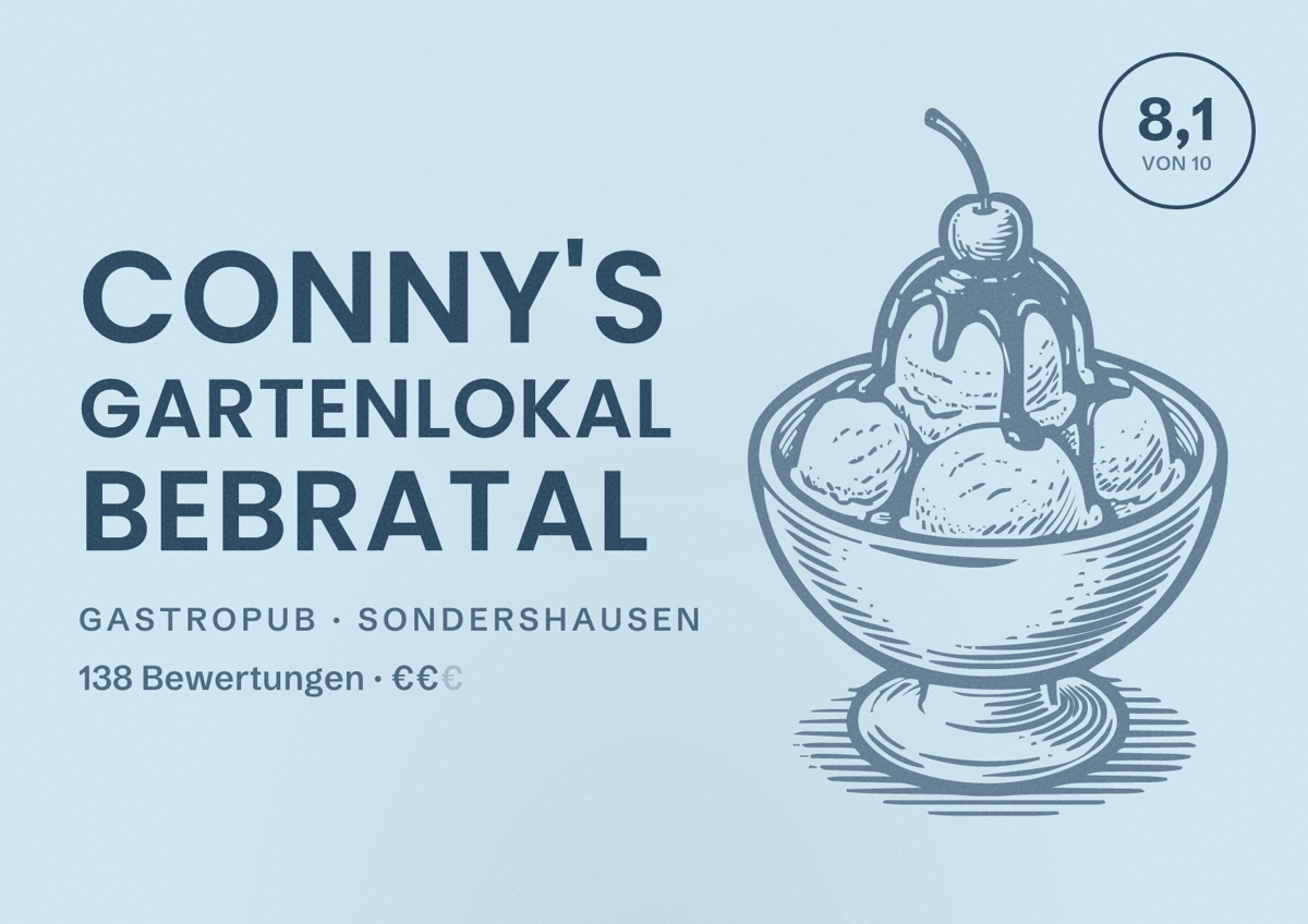 Illustriertes Poster von Conny's Gartenlokal Bebratal, Gastropub in Sondershausen: Bewertung 8,1 von 10 aus 138 Bewertungen, Preisniveau €€