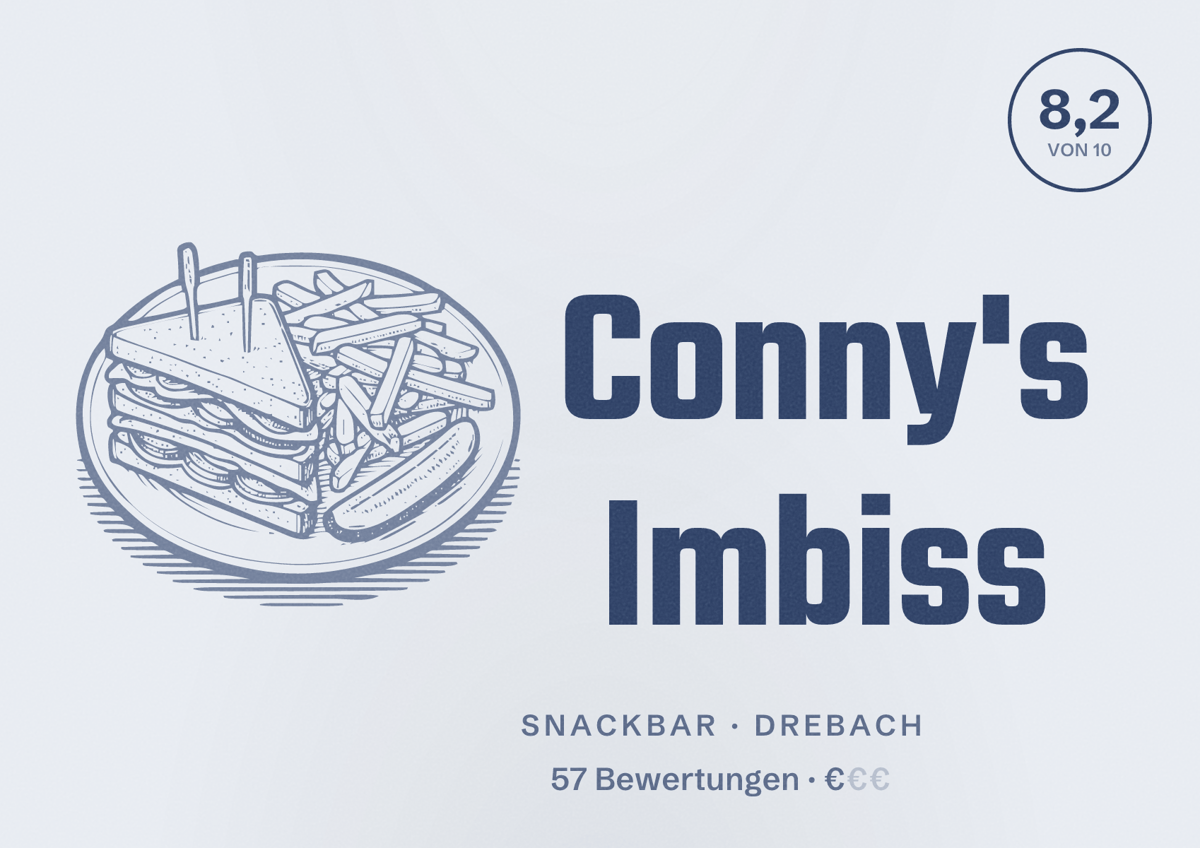 Illustriertes Poster von Conny's Imbiss, Snackbar in Drebach: Bewertung 8,2 von 10 aus 57 Bewertungen, Preisniveau €