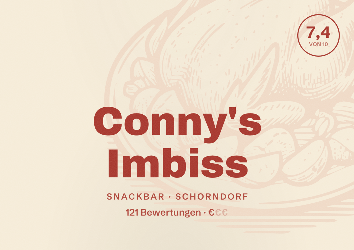 Illustriertes Poster von Conny's Imbiss, Snackbar in Schorndorf: Bewertung 7,4 von 10 aus 121 Bewertungen, Preisniveau €
