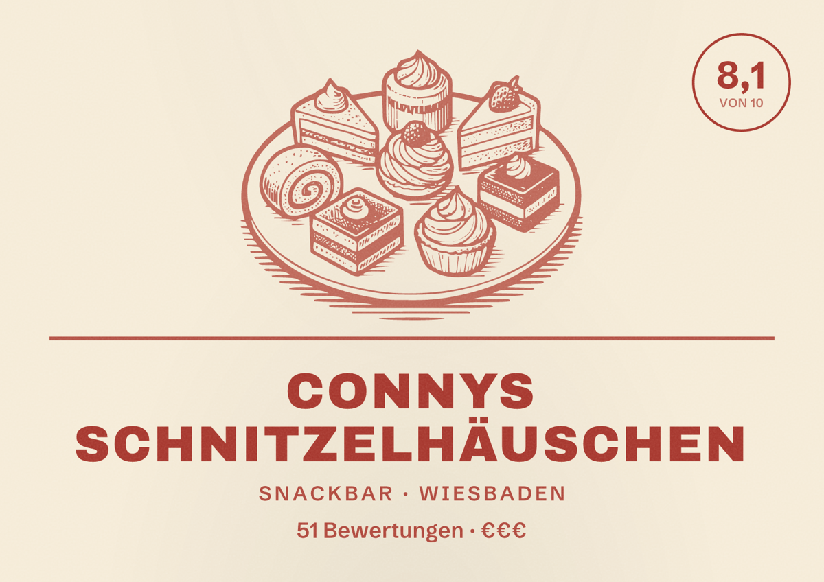 Illustriertes Poster von Connys Schnitzelhäuschen, Snackbar in Wiesbaden: Bewertung 8,1 von 10 aus 51 Bewertungen, Preisniveau €€€