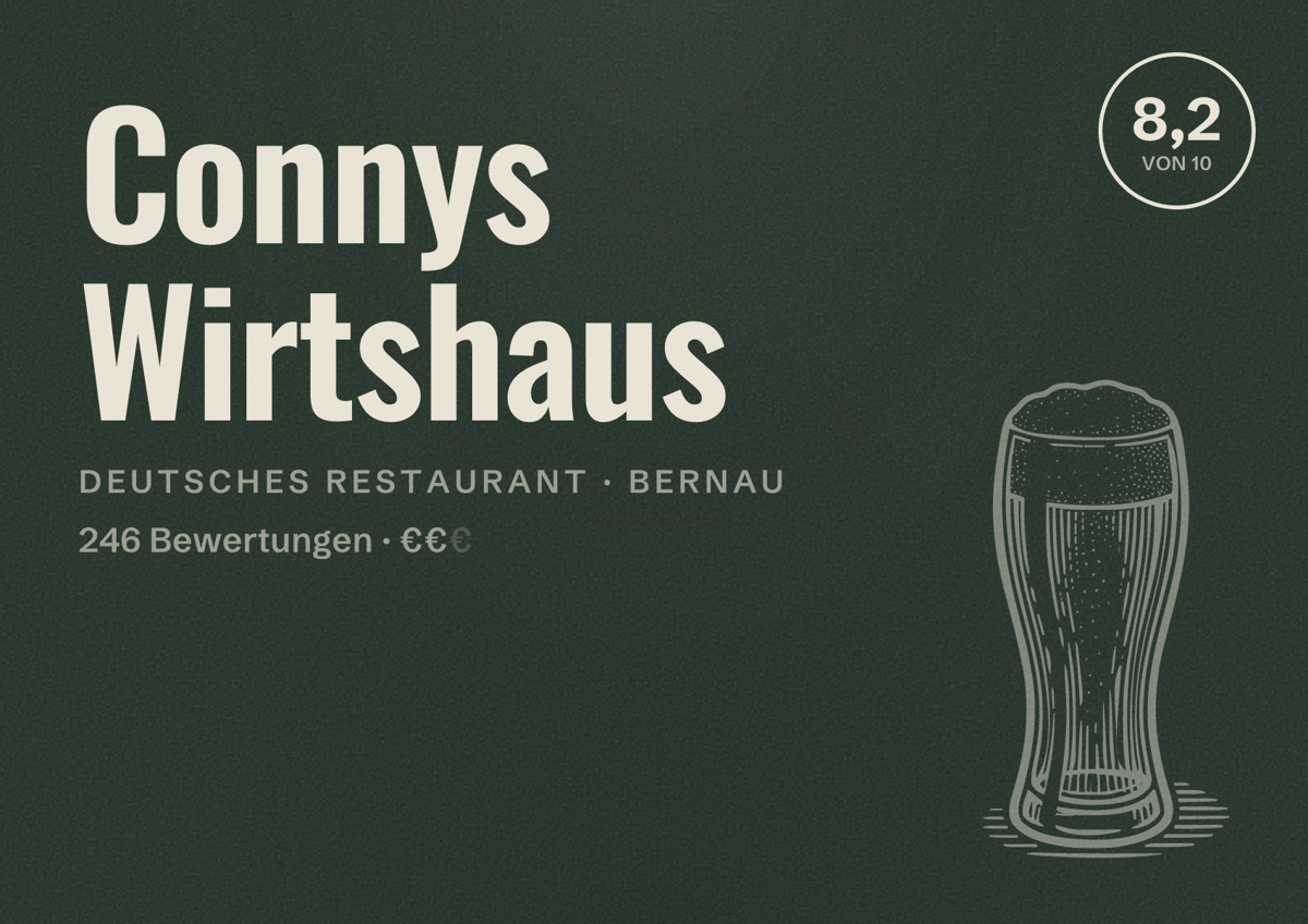 Illustriertes Poster von Connys Wirtshaus, Deutsches Restaurant in Bernau: Bewertung 8,2 von 10 aus 246 Bewertungen, Preisniveau €€