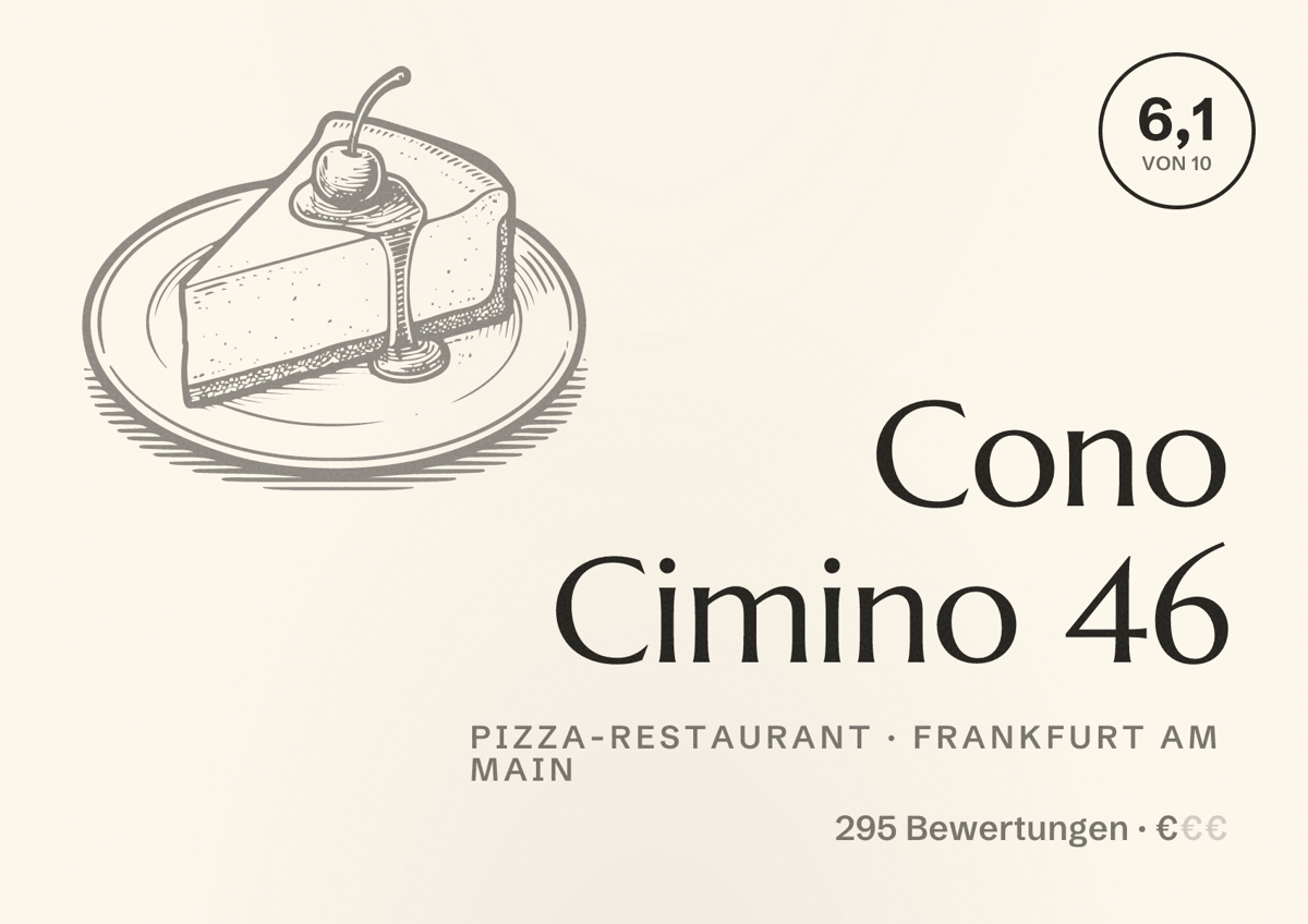 Illustriertes Poster von Cono Cimino 46, Pizza-Restaurant in Frankfurt am Main: Bewertung 6,1 von 10 aus 295 Bewertungen, Preisniveau €