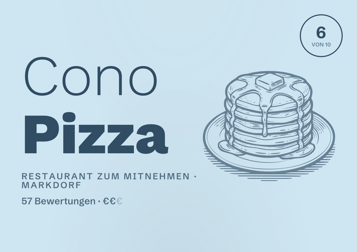 Illustriertes Poster von Cono Pizza, Restaurant zum Mitnehmen in Markdorf: Bewertung 6 von 10 aus 57 Bewertungen, Preisniveau €€