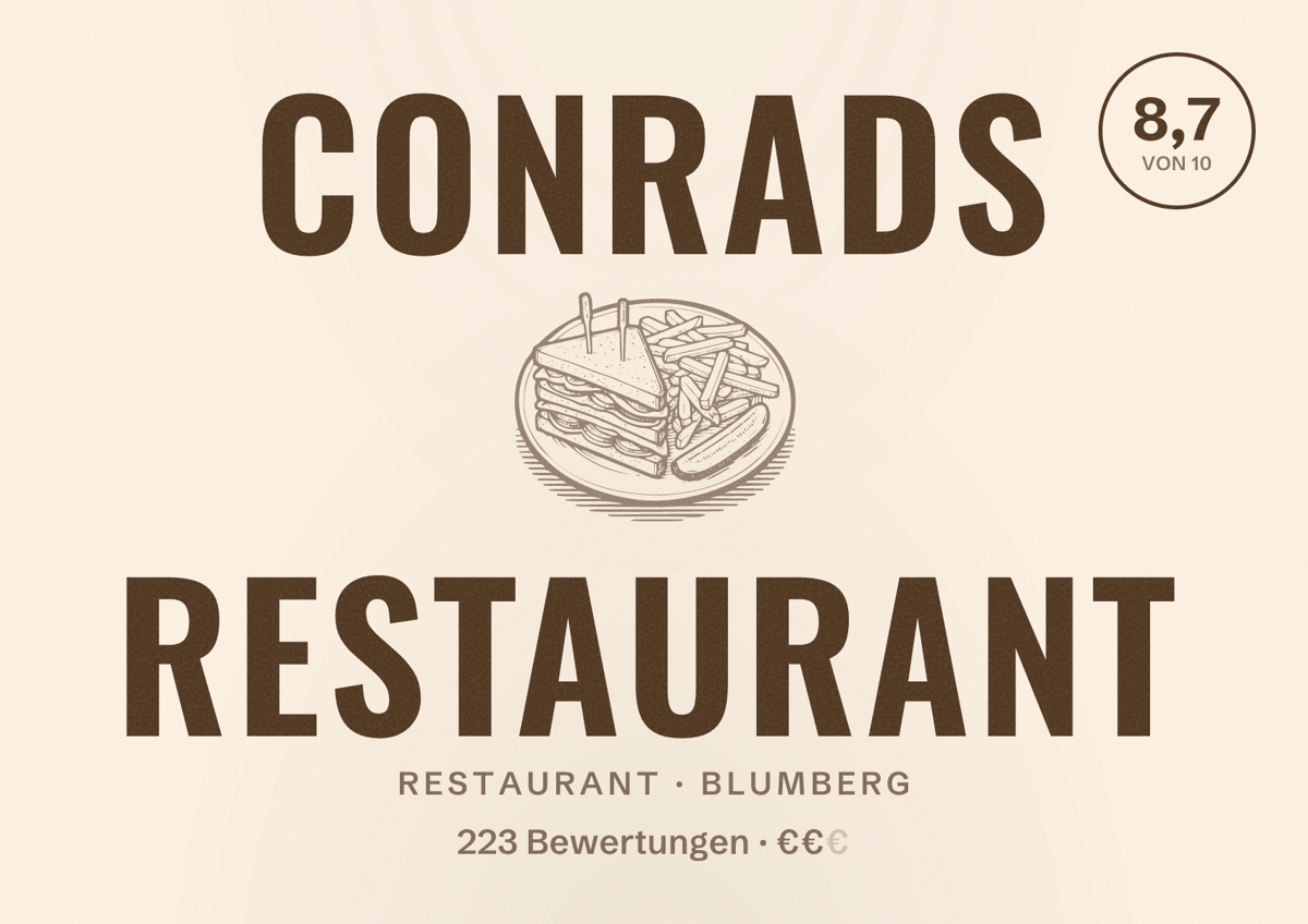 Illustriertes Poster von Conrads Restaurant, Restaurant in Blumberg: Bewertung 8,7 von 10 aus 223 Bewertungen, Preisniveau €€