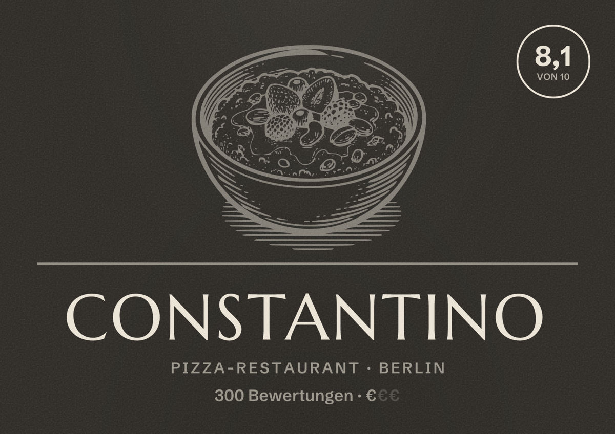 Illustriertes Poster von Constantino, Pizza-Restaurant in Berlin: Bewertung 8,1 von 10 aus 300 Bewertungen, Preisniveau €