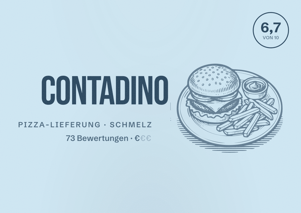 Illustriertes Poster von Contadino, Pizza-Lieferung in Schmelz: Bewertung 6,7 von 10 aus 73 Bewertungen, Preisniveau €