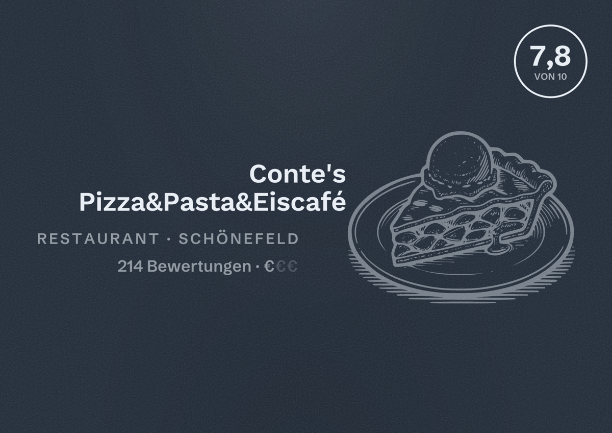 Illustriertes Poster von Conte's Pizza&Pasta&Eiscafé, Restaurant in Schönefeld: Bewertung 7,8 von 10 aus 214 Bewertungen, Preisniveau €