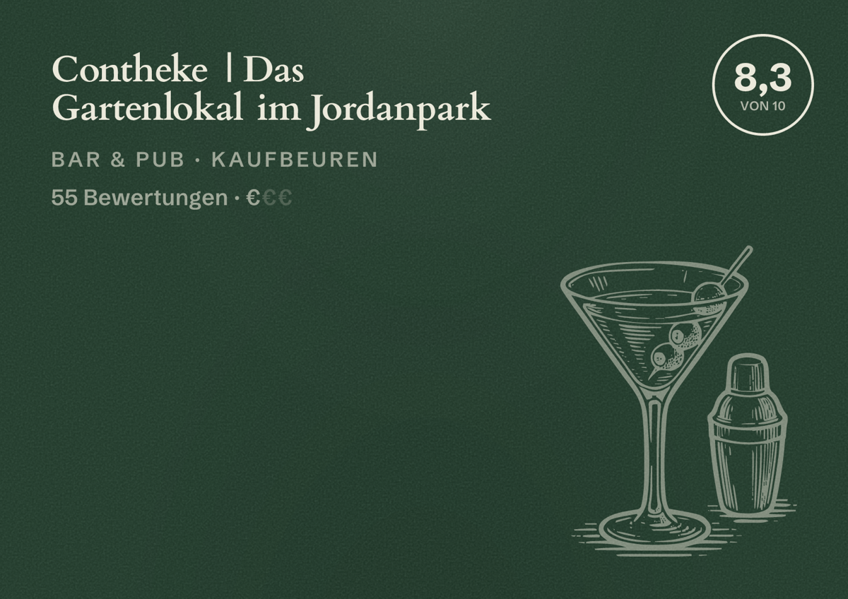Illustriertes Poster von Contheke | Das Gartenlokal im Jordanpark, Bar & Pub in Kaufbeuren: Bewertung 8,3 von 10 aus 55 Bewertungen, Preisniveau €