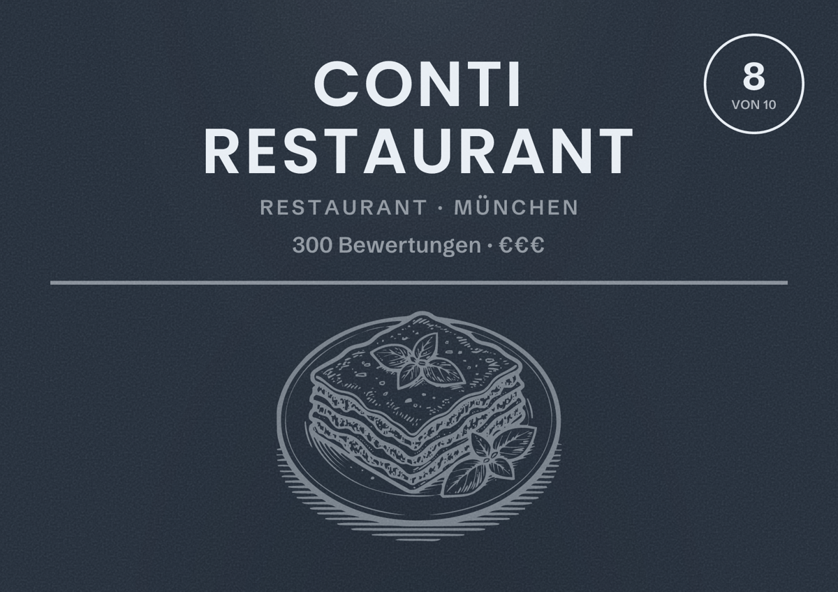 Illustriertes Poster von Conti Restaurant, Restaurant in München: Bewertung 8,0 von 10 aus 300 Bewertungen, Preisniveau €€€