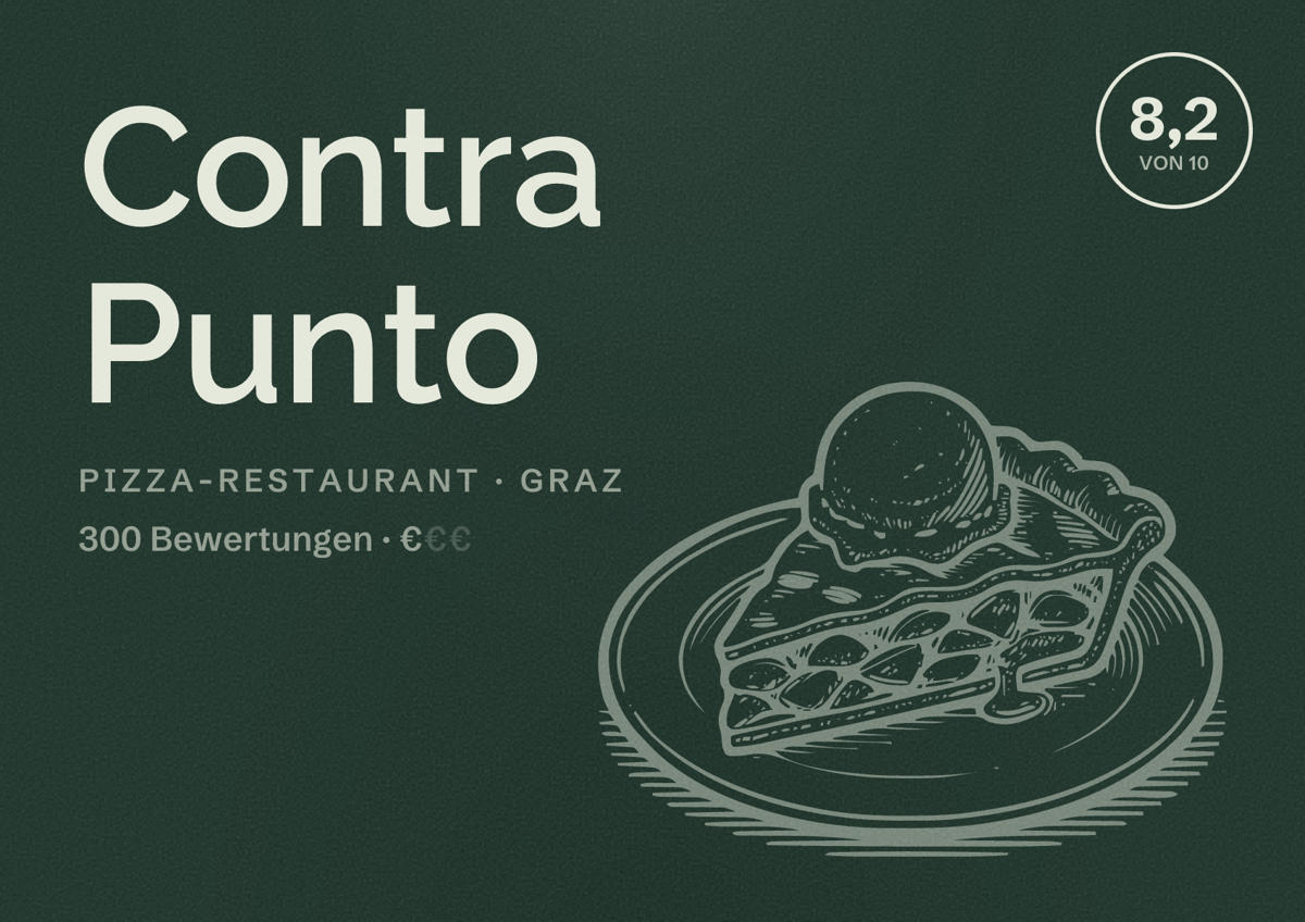 Illustriertes Poster von Contra Punto, Pizza-Restaurant in Graz: Bewertung 8,2 von 10 aus 300 Bewertungen, Preisniveau €