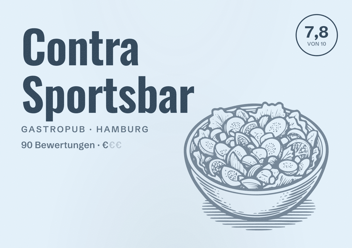 Illustriertes Poster von Contra Sportsbar, Gastropub in Hamburg: Bewertung 7,8 von 10 aus 90 Bewertungen, Preisniveau €